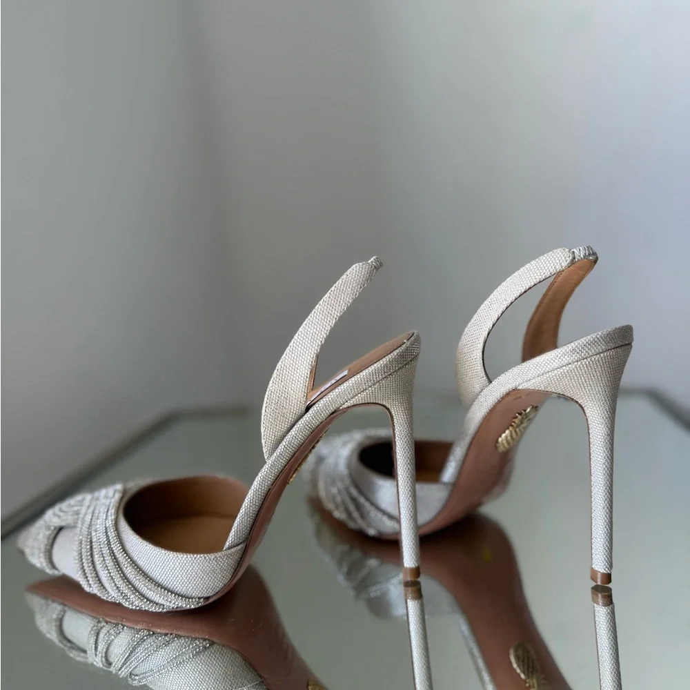 New AQUAZZURA Gatsby 105 crystal-embellished metallic canvas slingback pumps - Picture 6 of 13